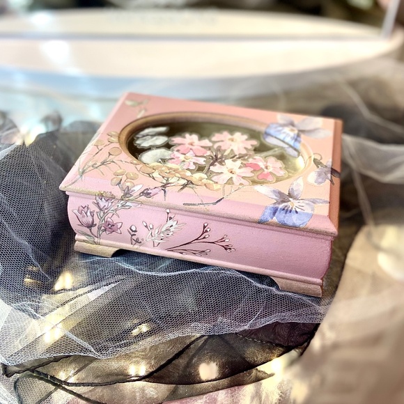 Pink Handmade Floral Painted Jewelry Box Wooden Flower Organizer Velour Interior - Picture 1 of 6